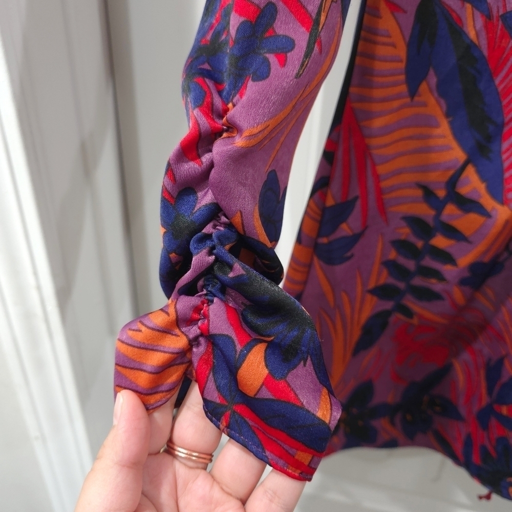 ZARA Vibrant Floral Long Sleeve Mini Dress, Ruched Sleeves, Tie Vneck Front, M - Picture 8 of 15